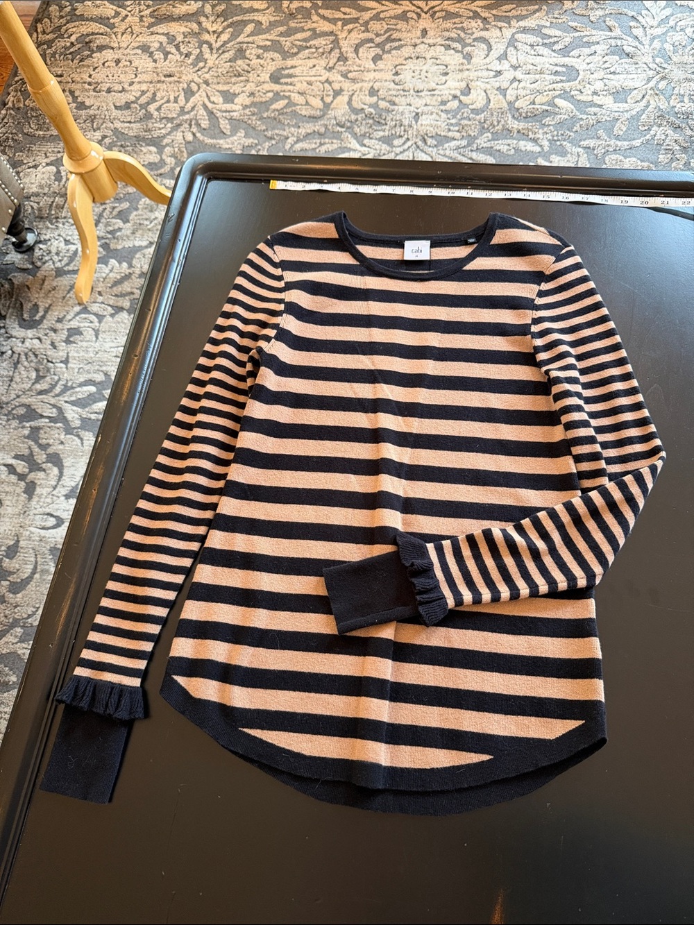 Cabi Striped Black and Tan Long Sleeve Sweater#3480